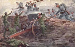 WWI Austro-Hungarian army attacking Russian cannons, artist signed