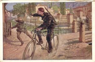 WWI K.u.K. soldier on bicycle, Rotes Kreuz, Kriegsfürsorgeamt Kriegshilfsbüro Nr. 576. s: Fr. Jung (small tear)