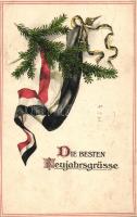 WWI German military New Year greeting card, flag litho (wet damage)