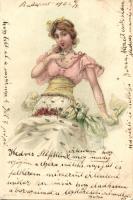Hölgy, dekorált képeslap, litho, Lady, decorated postcard, litho
