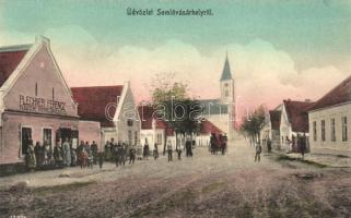 Somlóvásárhely, Római katolikus templom, Plechner Ferenc fűszer kereskedése, Siklós Géza fényképész kiadása (ázott sarok / wet corner)