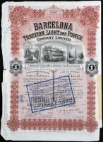 Spanyolország/Barcelona 1923. "Barcelona Traction, Light and Power Company Limited." részvénye 100$-ról, szelvényekkel, bélyegzéssekkel, szárazpecséttel T:III,III- ragasztott Spain/Barcelona 1923. "Barcelona Traction, Light nad Power Company Limited." share about 100 Dollars with coupons, overprints and embossed stamp C:F,VG sticked