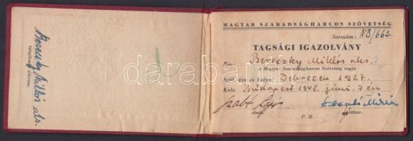 1949 Magyar Szabadságharcos Szövetség igazolványa tagsági bélyegekkel