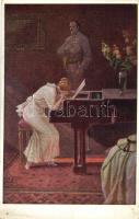 WWI military romantic card, soldiers farewell, lady with piano s: C. Benesch (EK)