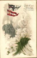 WWI military New Year greeting card, Austro-Hungarian flags litho (EK)