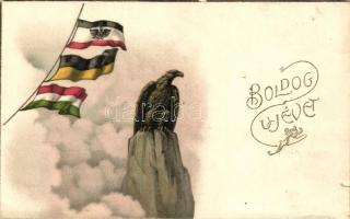 WWI Austro-Hungarian flags, military new year greeting card, eagle litho