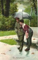 Der Unterstand / WWI German military romantic card, umbrella