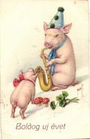 New Year, Pigs with saxophone, mushrooms and clovers, Amag 2518. litho (EK)