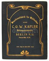 1902 Illustrierter Katalog Ausgabe 1902. Maschinenfabrik für Mühlenbau vormals C. G. W. Kapler Aktien- Gesellschaft Gegründet 1875 Berlin N Prinzen- allee n 75-76. Ipari gépek árkatalógusa korabeli,szecessziós, aranyozott egészvászon kötésben.