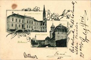 1899 Rohonc, Rechnitz; Evangélikus iskola és templom, katolikus templom / churches, school; floral