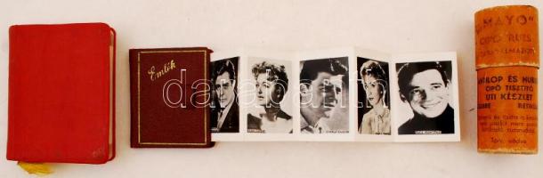 Vegyes bolhatétel, emlék leporelló színészek fényképeivel, 1965-ös zsebkönyv bejegyzésekkel, Mayo cipő rúzs.