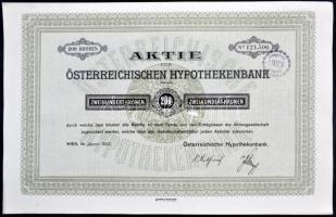 Ausztria / Bécs 1922. "Osztrák Jelzálogbank" részvénye 200K-ról német nyelven szelvényekke...