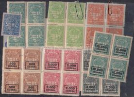 1915-1950 Magyar királyi lakásügyi bélyeg 8 érték (7 db négyestömbökben) + Hadisegély 2 db + Szolidaritás bélyegek 5 db