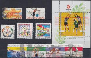 Summer Olympics Beijing 1 block, 9 stamps with sets and stripe of 4, Nyári Olimpia, Peking 1 db blokk, 9 db bélyeg, közte sorok és 4-es csík