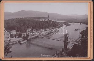 cca 1890 Tetschen (Észak-csehországi település) látképe a régi hídjával, kartonra ragasztott fénykép, bizonyára egy leporelló része volt, 10,5x16 cm / cca 1890 Děčín, Czech Republic, 10,5x16 cm