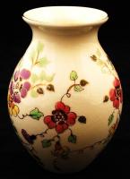 Zsolnay virágmintás váza, kézzel festett, jelzett, máz alatti repedésekkel, m: 13 cm