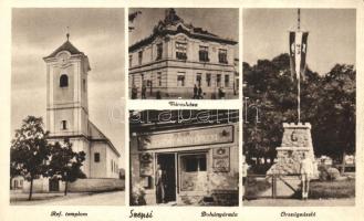 Szepsi, Református templom, városháza, Dohányáruda, országzászló / Calvinist church, town hall, Tobacco shop, flag