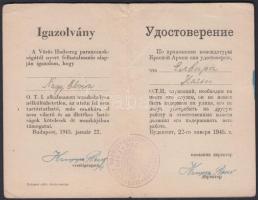 1945 Vörös Hadsereg kétnyelvű igazolványa polgári személy részére