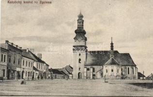 Zólyom, katolikus templom, Schuster Kálmán üzlete / catholic church, shops