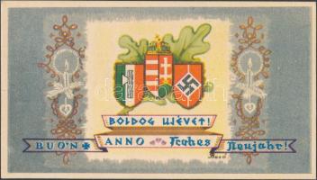 Népies újévi üdvözlőlap horogkeresztes német és fasiszta olasz címerrel / New Year greeting with national socialist coat of arms; minicard 12 × 7 cm s: Bozó
