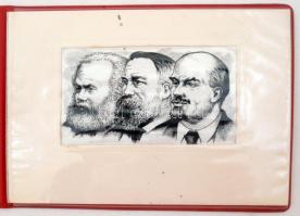 Marx, Engels, Lenin, selyemre nyomott rézkarc, műbőr, Ganz Mávag feliratú borítóban