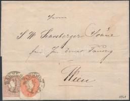 1858 10kr + 1861 5kr lépcsőzetesen ragasztva távolsági levélen / mixed franking on cover 