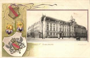 Karlsruhe, Postgebäude, Wappen / post office, coat of arms Emb. litho
