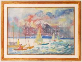 Pleidell János (1915-2007): Balatoni vitorlások. Olaj, farost, jelzett, üvegezett keretben, 50×70 cm