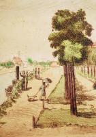 Péter Mária (1904-1990): Vízparti sétány. Akvarellel színezett rézkarc, papír, kasírozott, jelzett, ...