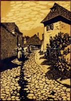 Tipary Dezső (1887-1967):Budai (Tabáni) utca, 1908, 1914. Kétszínnyomású linómetszet, papír, jelzett, üvegezett art-deco keretben,  29×20 cm