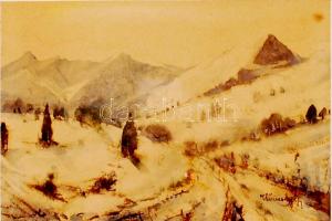 Kövesdy Géza (1887-1950): Havas hegyvidék. Akvarell, papír, kasírozott, jelzett, üvegezett keretben, 11×17 cm