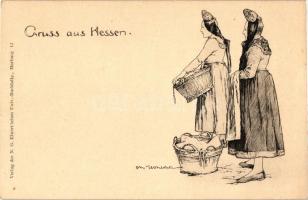 Gruss aus Hessen / German folklore, artist signed
