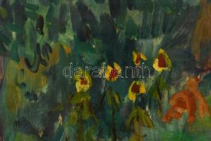 Molnár Róza (1900-1977): Napraforgók a kertben. Olaj, papír, jelzett, üvegezett keretben, 35,5x47,5 ...