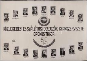 1965 Közlekedési és Szállítási Dolgozók Szakszervezete örökös tagjai, kistabló 18 nevesített portréval, 17x24 cm