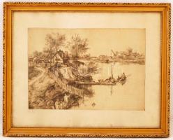 Görög Rezső (1930-): Duna-ág. Rézkarc, papír, jelzett, 26×38 cm