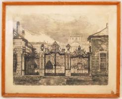 Blahos Rudolf (1917-1986): A fertődi Eszterházy kastély bejárata. Rézkarc, papír, jelzett, 32×41 cm