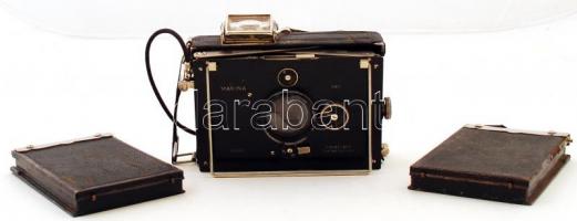 cca 1920 Plaubel Makina lemezes fényképezőgép 2 db lemez tartóval, kopottas tokkal / cca 1920 Vintage Plaubel Makina camera