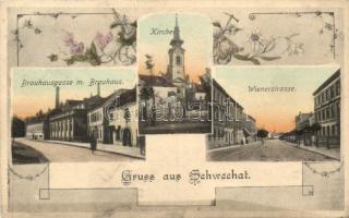 Schwechat, Kirche, Wienerstrasse, Brauhausgasse, Brauhaus / church, street, brewery, floral Art Nouveau (wet corner)