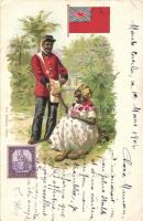 La Poste a la Trinidad, postman, folklore, flag, stamp, litho, Postás, folklóre, zászló, bélyeg, litho