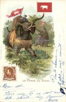 La Poste au Siam elephant, flag, stamp, folklore, litho 