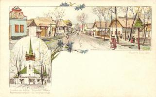 Budapest, Ezredéves Országos Kiállítás, Magyar utca és templom litho s: Cserna 2 Kr Ga.