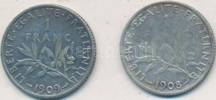 Franciaország 1908-1909. 1Fr Ag (2x) T:2-,3 France 1908-1909. 1 Franc Ag (2x) C:VF,F