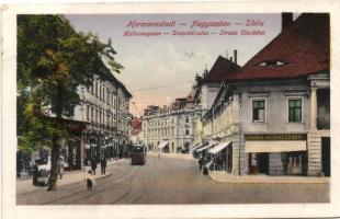 Nagyszeben, Disznódi utca, villamos, Julius Wermescher üzlete / street, tram, shop