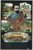 King Ludwig II of Bavaria and his castles, obituary card, golden decoration Emb. (fl)