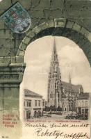 Eszék, Essegg, Osijek; church, shops, coat of arms litho