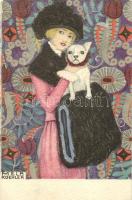 Lady and dog, Wiener art postcard B.K.W.I. 621-3. s: Mela Koehler