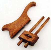 Régi asztalos szerszámok: fa satu, gyalu, karcoló, fűrész, 4 db
