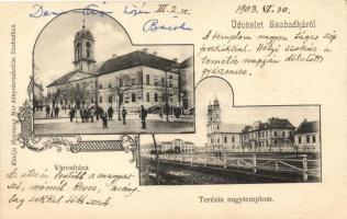 Szabadka, Városháza, Terézia nagytemplom; kiadja Heumann Mór könyvkereskedése / town hall, church