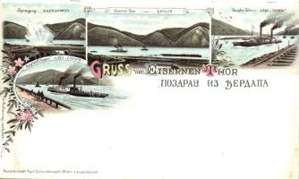 Vaskapu-szoros, robbanás a vízben, SS Tohmen és Szapáry / gorge, blasting in the water, SS Tohmen and Szapáry, steamships floral litho (EB)