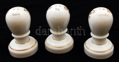 Virágmintás porcelán paprika, bors- és sószóró, matricás, 3 db, dugó nélkül, hibátlan, jelzett, m: 10 cm